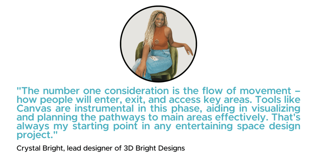 "The number one consideration is the flow of movement – how people will enter, exit, and access key areas. Tools like Twindo are instrumental in this phase, aiding in visualizing and planning the pathways to main areas effectively. That's always my starting point in any entertaining space design project." - Crystal Bright